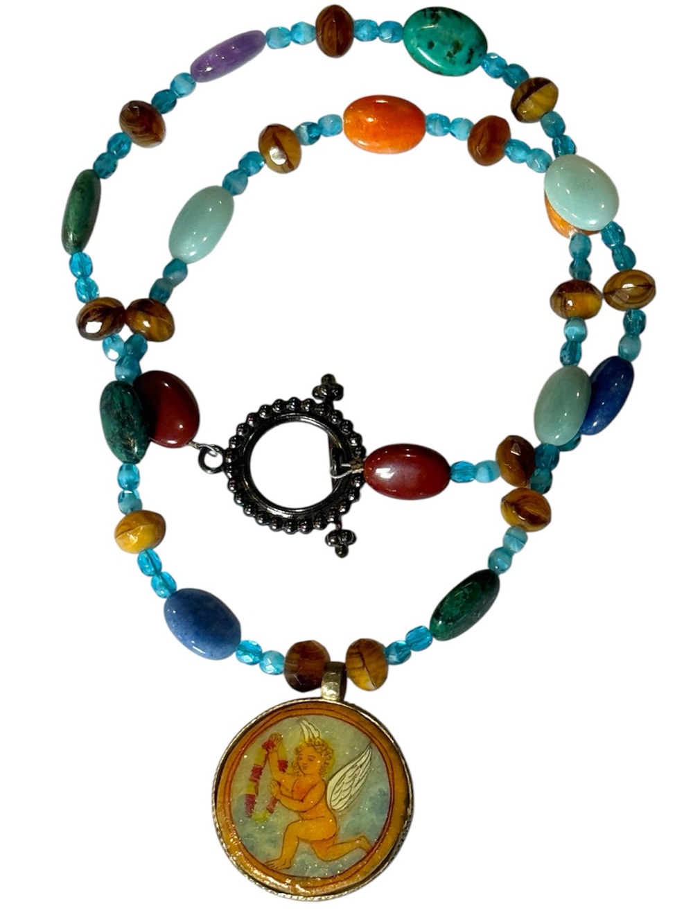 Cherub Pendant Blues and Browns Gemstone Necklace